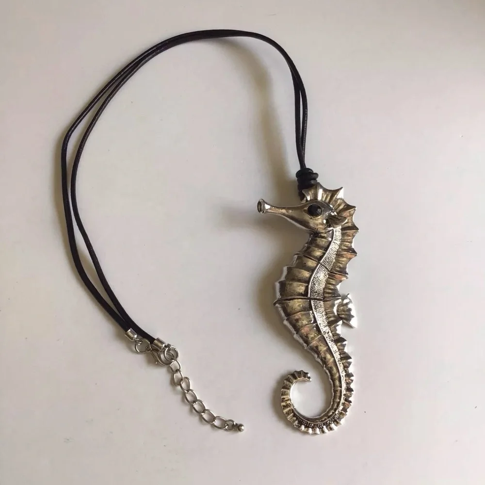 Seahorse Statement Necklace Black Cord Rhinestone Eye Reticulated Florida Beach
